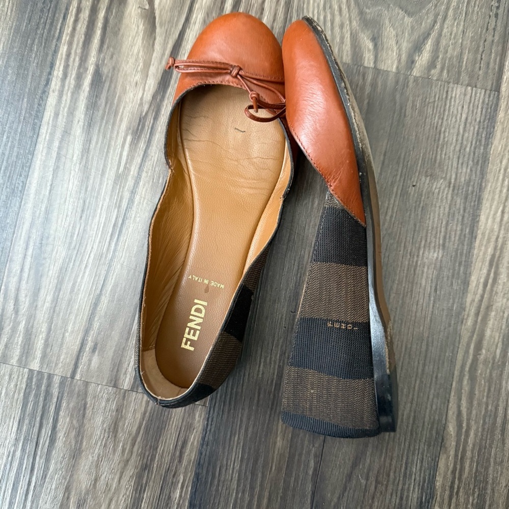 Fendi Round Toe Pequin Pattern Canvas D'Orsay Ballet Flats